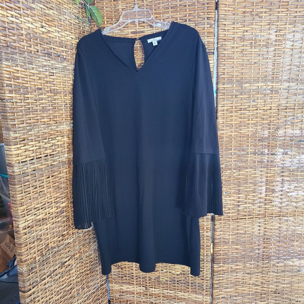 Halston NWT Dress Little Black Dress Wabi Sabi Pleated Bell Sleeve Sz L $139